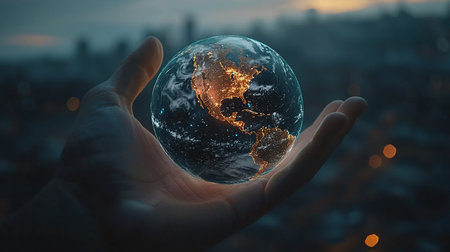 A miniature, glowing Earth globe, showing North and South America with illuminated cities, is gently held in a cupped human hand.の素材