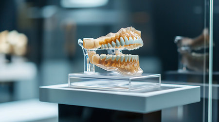 Realistic dental jaw model featuring bright white teeth and translucent yellowish-brown gums, precisely crafted for anatomical study, displayed with an open mouth.の素材