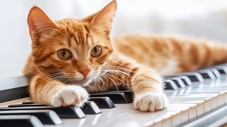 A close-up of a relaxed ginger tabby cat with white paws and beautiful amber eyes lying down across the black and white keys of a piano.の素材