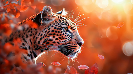 Close-up of a leopard's head in profile, showcasing its spotted fur, delicate whiskers, and focused gaze, bathed in warm, orange-toned light.の素材