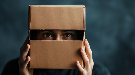 A brown cardboard box is held up, revealing a person's eyes peering through a gap. The hands are visible holding the box.の素材