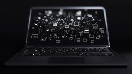 A modern black laptop with a screen displaying white icons, keyboard visible, suggesting technology, connectivity, and digital communication.の素材