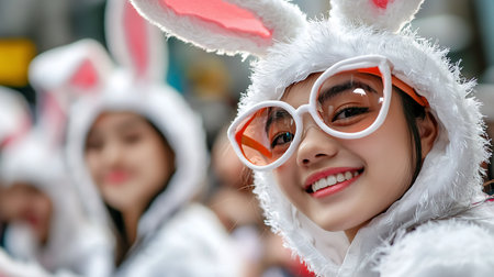 Close-up of a smiling girl wearing a white fluffy bunny costume with pink ears and large, round, orange-tinted glasses.の素材