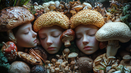 Dreamlike image featuring children with closed eyes, adorned with textured mushroom hats, nestled among a variety of mushrooms and forest elements.の素材
