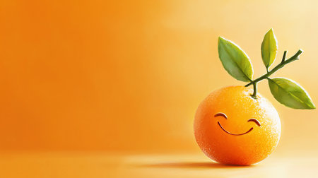 A cheerful orange fruit with a smiling face, textured skin, and green leaves, conveying happiness.の素材