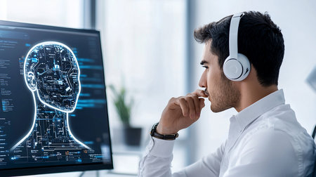 Man in white shirt wearing headphones, looking at a computer screen displaying an AI head outline with intricate circuit patterns, thoughtful expression.の素材