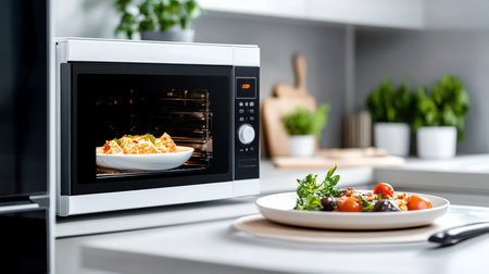 Sleek white and black microwave oven with a digital timer, heating a warm, cheesy golden dish on a white plate inside its illuminated interior.の素材