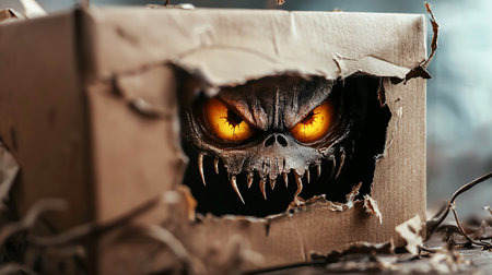 A scary monster with sharp teeth and glowing yellow eyes peers from a torn cardboard box, creating a spooky and unsettling image.の素材