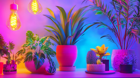 An assortment of potted houseplants, including succulents and leafy greens, illuminated by a surreal, vibrant neon glow from hanging Edison bulbs.の素材