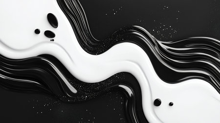 A dynamic composition of flowing black and white glossy textures, with smooth curves and organic shapes. Features droplets and a speckled effect.の素材