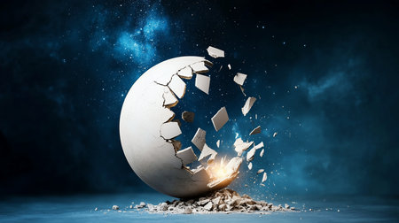 A textured white sphere violently shatters, fragments flying outwards. A bright, warm light bursts from its core, illuminating the dynamic breakage.の素材