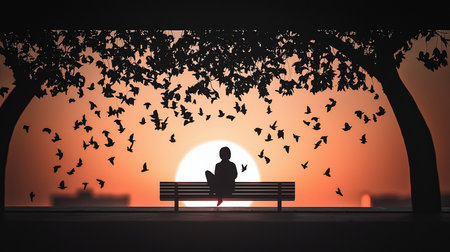 Silhouette of a person sitting on a bench, surrounded by flying birds, with a sunset in the background, under a tree.の素材