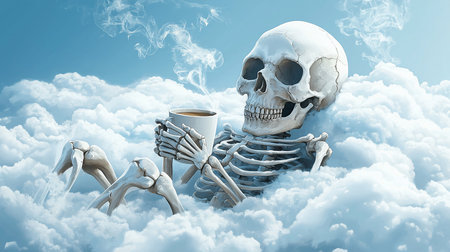 A skeletal figure, with detailed bone structure, reclines in clouds, holding a coffee cup, steam rising. The skeleton appears relaxed and content.の素材
