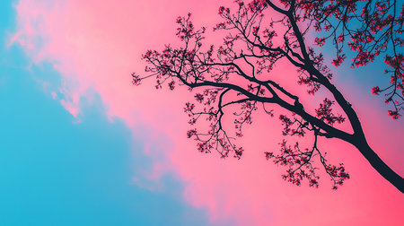 Dark tree branches with small pink blossoms are silhouetted against a vibrant pink and blue sky, creating a striking contrast.の素材