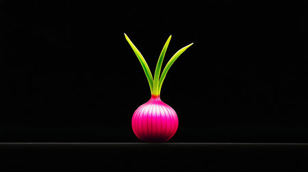 A close-up of a pink onion with three green sprouts emerging from the top. The onion has a ribbed texture and is set against a black background.の素材