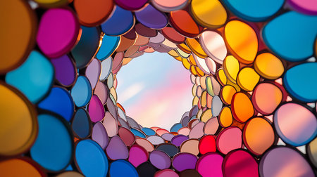 Intricate curved tunnel structure formed by numerous brightly colored, smooth, circular elements. Diverse saturated hues create a dynamic, abstract visual.の素材