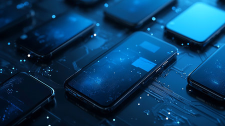 Multiple sleek, dark smartphones lie on a surface, their screens glowing with intricate blue digital circuit patterns and data points, creating a high-tech, futuristic scene.の素材
