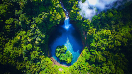 An aerial view showcases a waterfall cascading into a serene blue lagoon, surrounded by vibrant green trees. The scene is a natural paradise.の素材