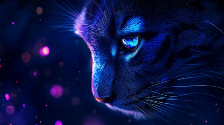 A close-up of a cat's face, illuminated with blue and purple hues. The fur texture is detailed, and the eyes are bright blue.の素材
