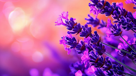 Numerous small, deep purple lavender florets clustered on green stems, showing fine fuzzy hairs and delicate pinkish-purple petals.の素材
