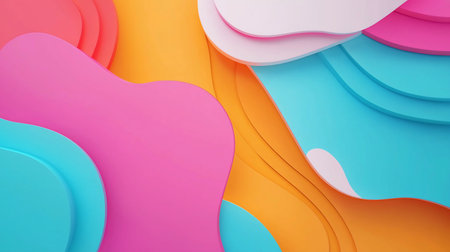 A vibrant 3D rendering featuring layered, smooth, and wavy shapes in various bright colors, creating a dynamic and modern abstract composition.の素材