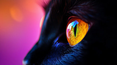 A macro view of a black cat's eye, featuring a textured golden iris, a vertical slit pupil, and glossy reflections of vibrant pink, blue, and orange light.の素材
