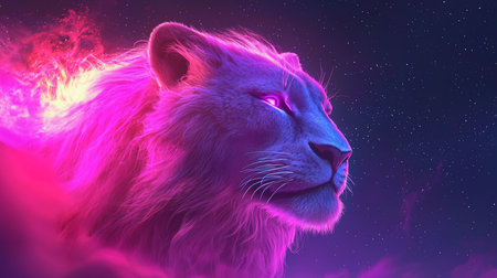 A close-up of a lion's head with a vibrant pink mane and glowing pink eyes, set against a starry night sky.の素材