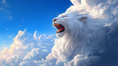 A majestic white lion formed from clouds, roaring with mouth open, sharp fangs and pink tongue visible. Its ethereal, fluffy mane flows dynamically, eyes closed.の素材