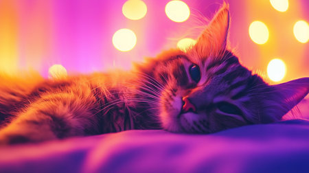 A fluffy cat with tabby markings is lying down, illuminated by warm and cool lights. The cat has a relaxed expression.の素材