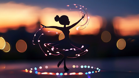 Silhouette of a ballerina in a dress, dancing with glowing lights around her, in a graceful pose, with a bun hairstyle.の素材