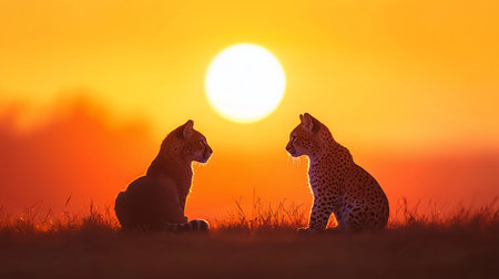 Two leopards sit facing each other in silhouette, with spotted fur and a focused gaze, against a vibrant orange sunset.の素材