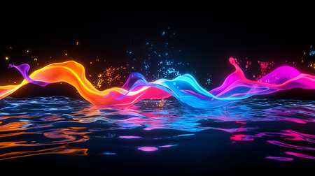 Abstract artwork featuring flowing, colorful waves of light, with vibrant gradients and dynamic movement. The waves appear to be floating above a reflective surface.の素材