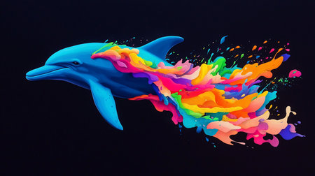 A blue dolphin with smooth skin is depicted with a vibrant explosion of colorful paint splatters emanating from its side, against a dark background.の素材