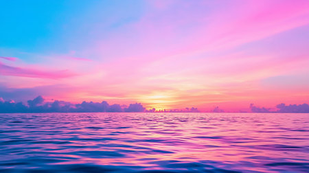 Breathtaking sunset scene with a sky painted in vivid pink, purple, and blue hues, reflecting on the gently rippling ocean surface, creating a serene atmosphere.の素材
