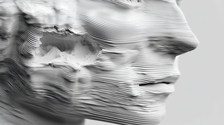 Abstract sculpture of a human face, rendered in layered white material with a prominent cavity detail, viewed in profile.の素材