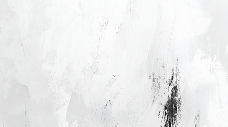 Detailed abstract white and grey painted surface featuring rough, uneven brushstrokes and subtle dark grunge smudges, creating a distressed artistic backdrop.の素材