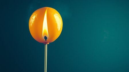 A vibrant orange sphere with a vertical cut, a burning flame, and a stick. The sphere is smooth and glossy.の素材