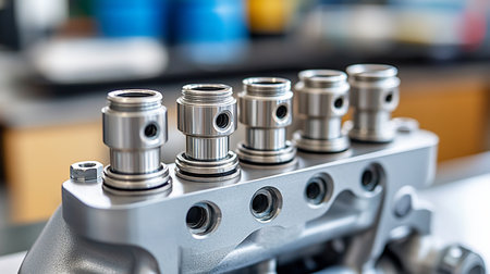 Detailed view of a metallic engine component featuring multiple cylindrical parts with threaded tops and small holes, mounted on a base.の素材