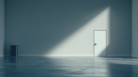 Empty minimalist room with smooth concrete floor, clean white walls, and a modern flush door. Dramatic diagonal sunlight illuminates the space, highlighting textures.の素材