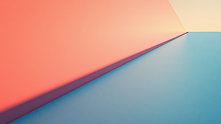 Abstract geometric composition featuring coral, blue, and cream colored planes with a sharp shadow line creating depth and visual interest.の素材