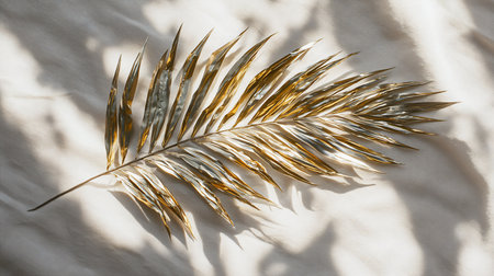 A single golden palm leaf with a metallic finish, showcasing sharp, pointed leaflets. The leaf has a textured surface and is positioned diagonally.の素材