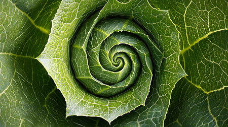 Close-up of a green leaf spiral with detailed veins and a geometric pattern, showcasing natural textures and organic design.の素材