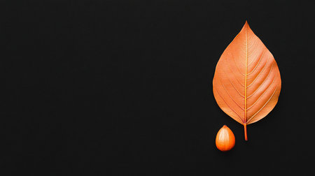 A vibrant orange leaf with intricate vein patterns paired with a small seed pod, both displaying a smooth, textured surface.の素材