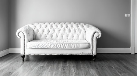 Luxurious white Chesterfield sofa, upholstered with deep button tufting, rolled arms, and distinctive nailhead trim. Features dark turned legs.の素材