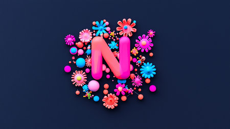 A vibrant, 3D letter "N" is surrounded by an assortment of colorful flowers and spheres, creating a playful and eye-catching composition. The elements have a smooth, glossy texture.の素材