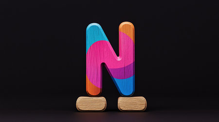 A vibrant, multi-colored wooden letter N, showcasing a distinct wood grain texture beneath an abstract paint design. The letter stands upright on two small, natural wood blocks.の素材