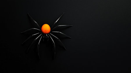 A stylized spider with sleek, black legs and a bright orange, dotted abdomen, resting on a textured black surface.の素材