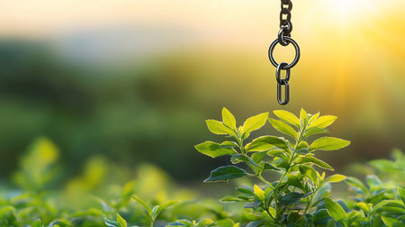Close-up of a dark metal chain with links hanging above a vibrant green plant with leaves, illuminated by bright sunlight.の素材