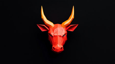 A stylized red bull head with golden horns, constructed from geometric shapes, featuring a low poly design and a fierce expression.の素材