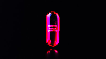 A translucent pink capsule with smaller pills inside, illuminated with vibrant pink and blue light, reflecting on a dark surface.の素材